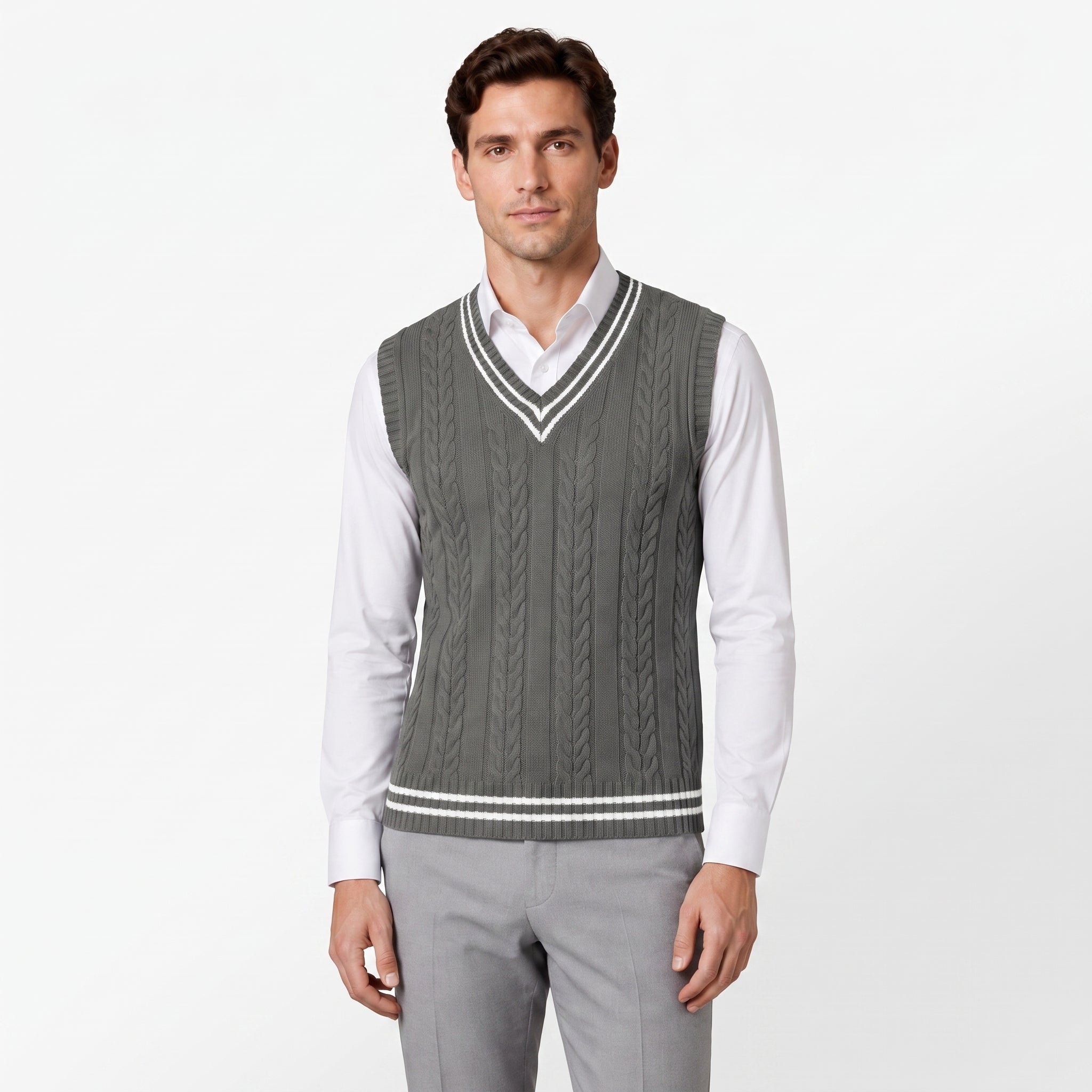 Sweater Vest Cable Knit V-Neck Sleeveless Classic Pullover Design - studio