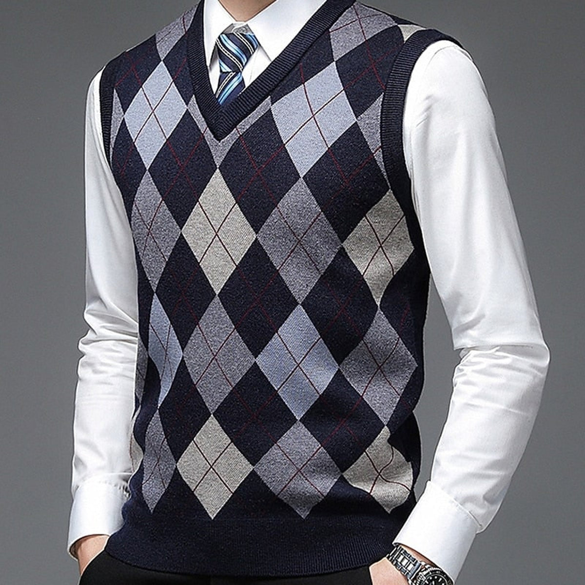 Sweater Vests with Classic Argyle Knit and V-Neck - Image 3