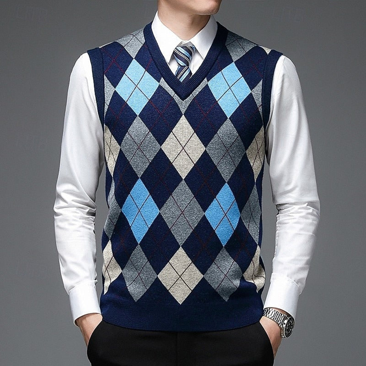 Sweater Vests with Classic Argyle Knit and V-Neck - Image 4
