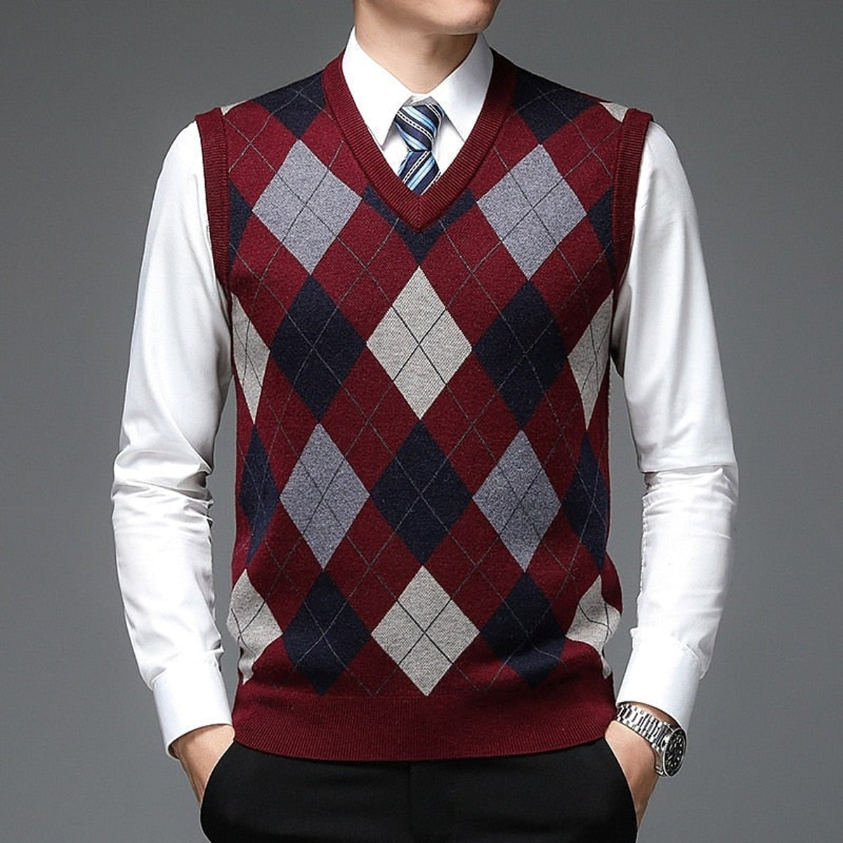 Sweater Vests with Classic Argyle Knit and V-Neck - Image 5