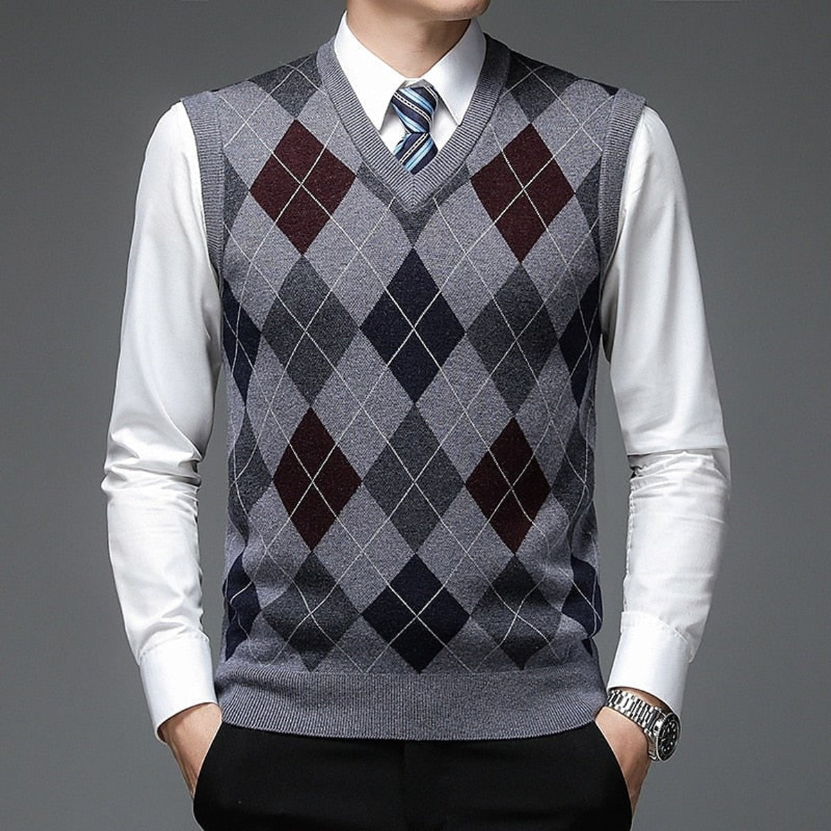 Sweater Vests with Classic Argyle Knit and V-Neck - Image 7