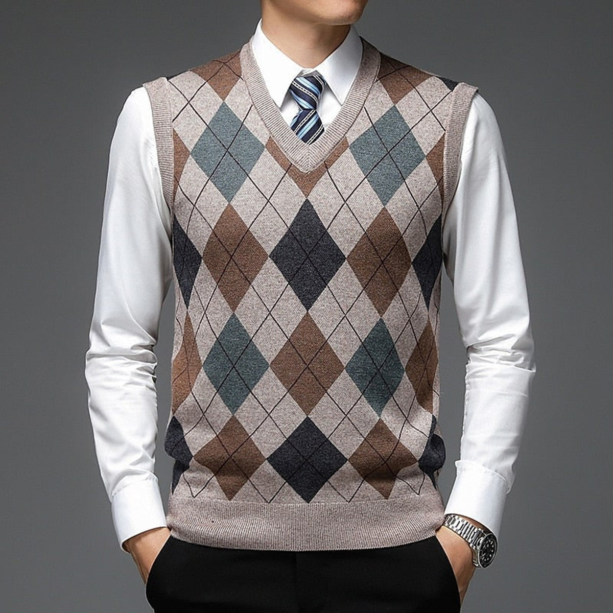 Sweater Vests with Classic Argyle Knit and V-Neck - Image 9
