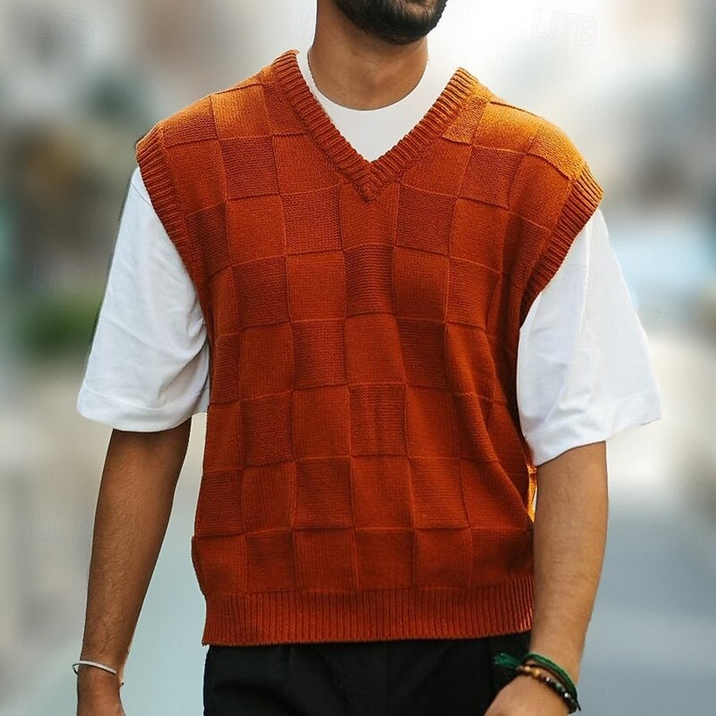Sweater Vests with Knit Checkerboard Texture and V-Neck - Image 1