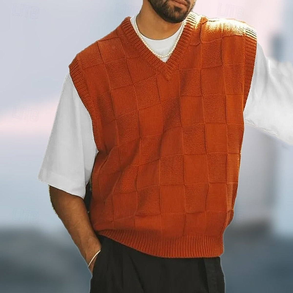 Sweater Vests with Knit Checkerboard Texture and V-Neck - Image 3