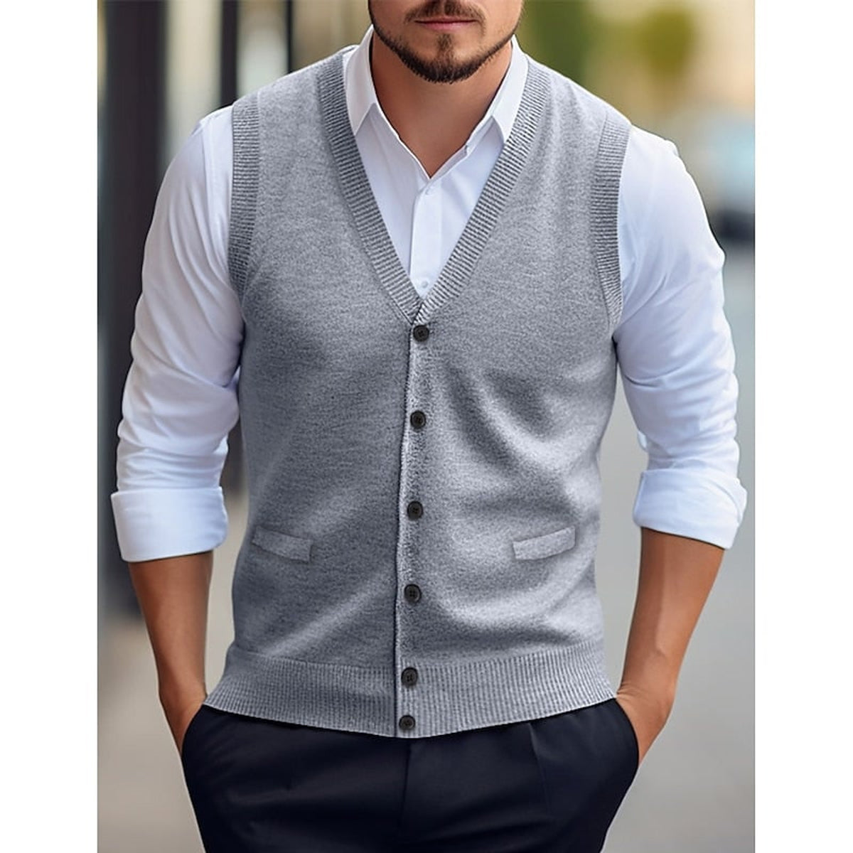 Sweater Vests with Knit V-Neck Design and Front Buttons - Image 2