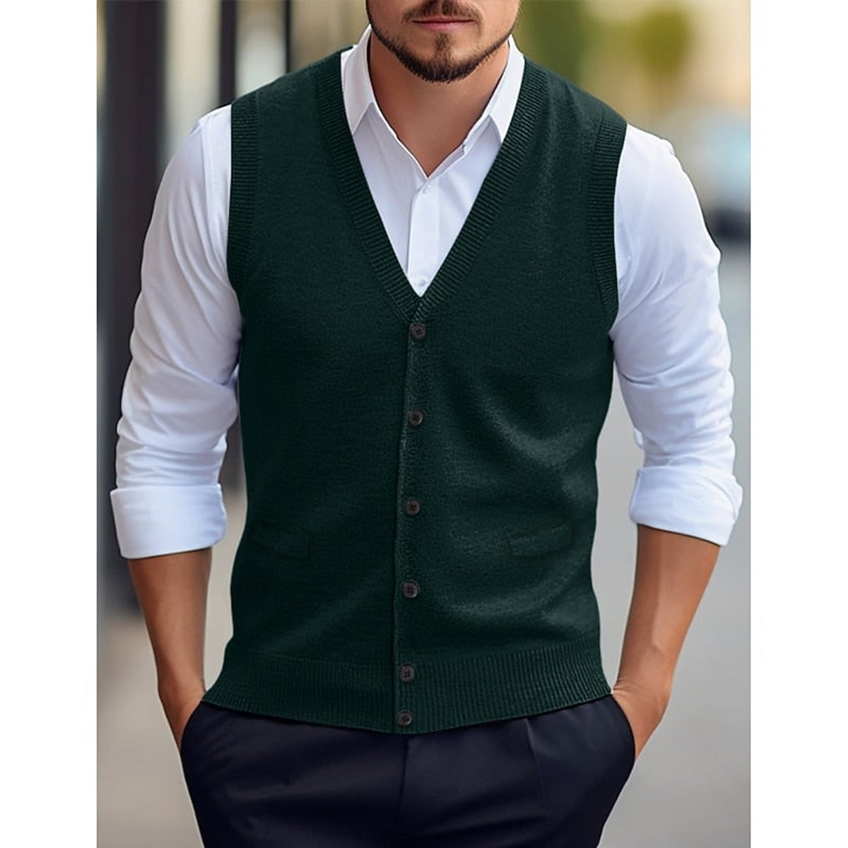 Sweater Vests with Knit V-Neck Design and Front Buttons - Image 3
