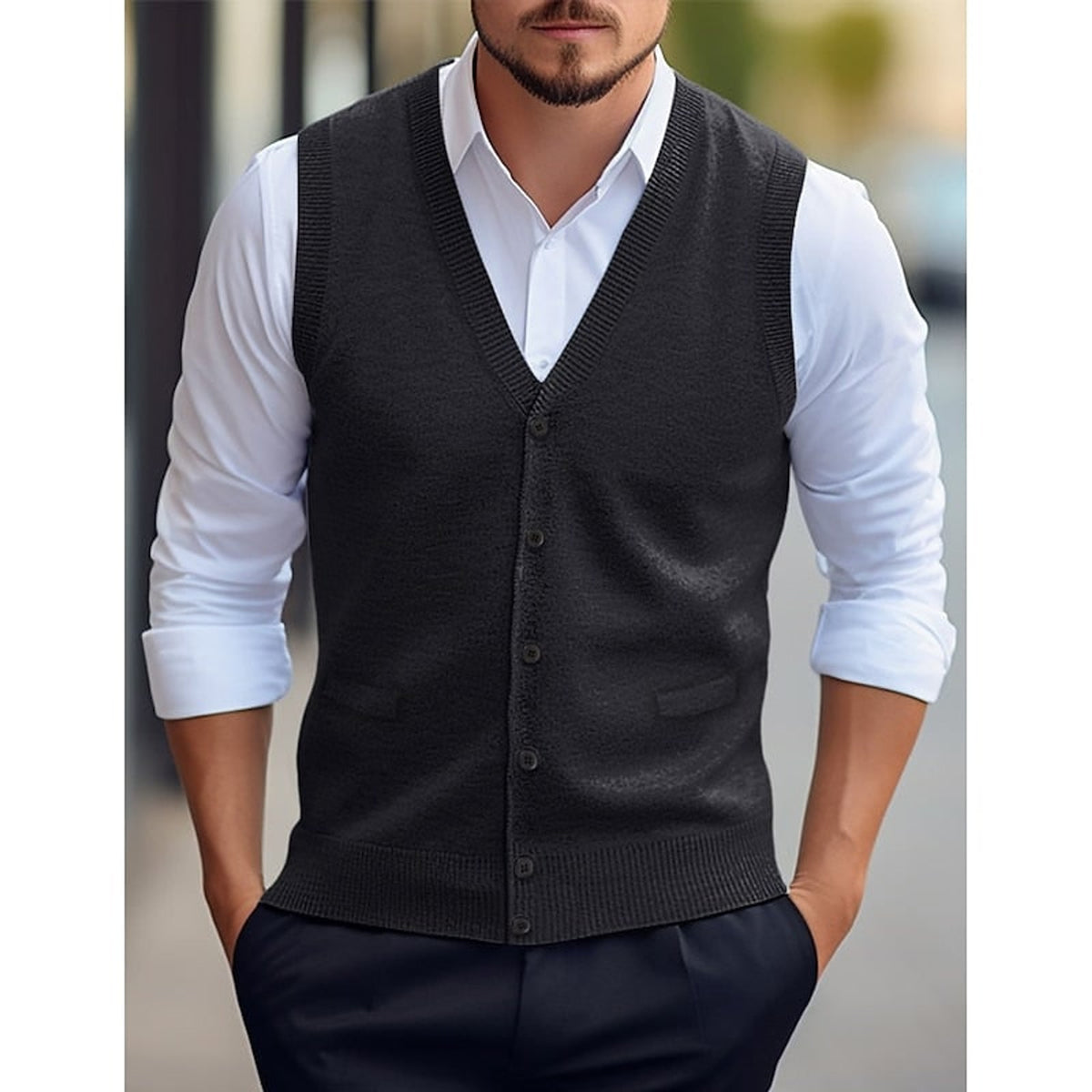 Sweater Vests with Knit V-Neck Design and Front Buttons - Image 5