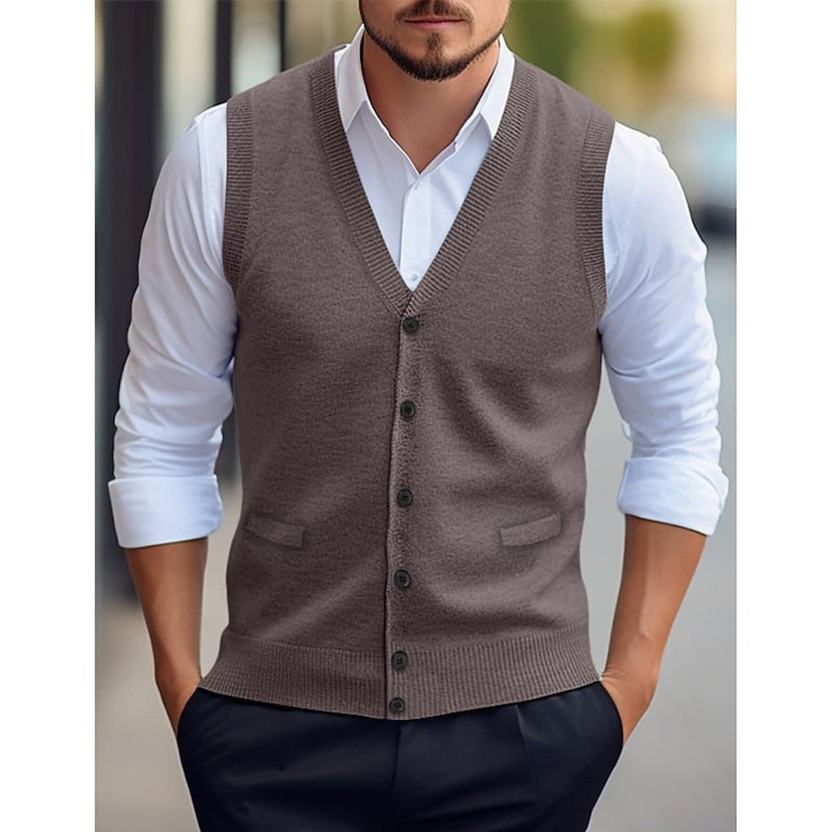 Sweater Vests with Knit V-Neck Design and Front Buttons - Image 6