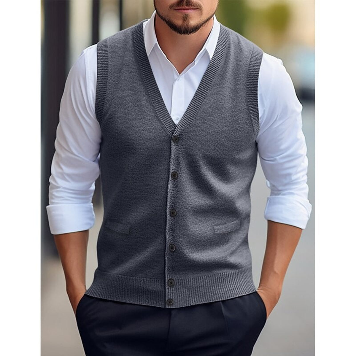 Sweater Vests with Knit V-Neck Design and Front Buttons - Image 7