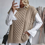 Sweater Vests with Relaxed Cable Knit and Mock Neck - Image 1