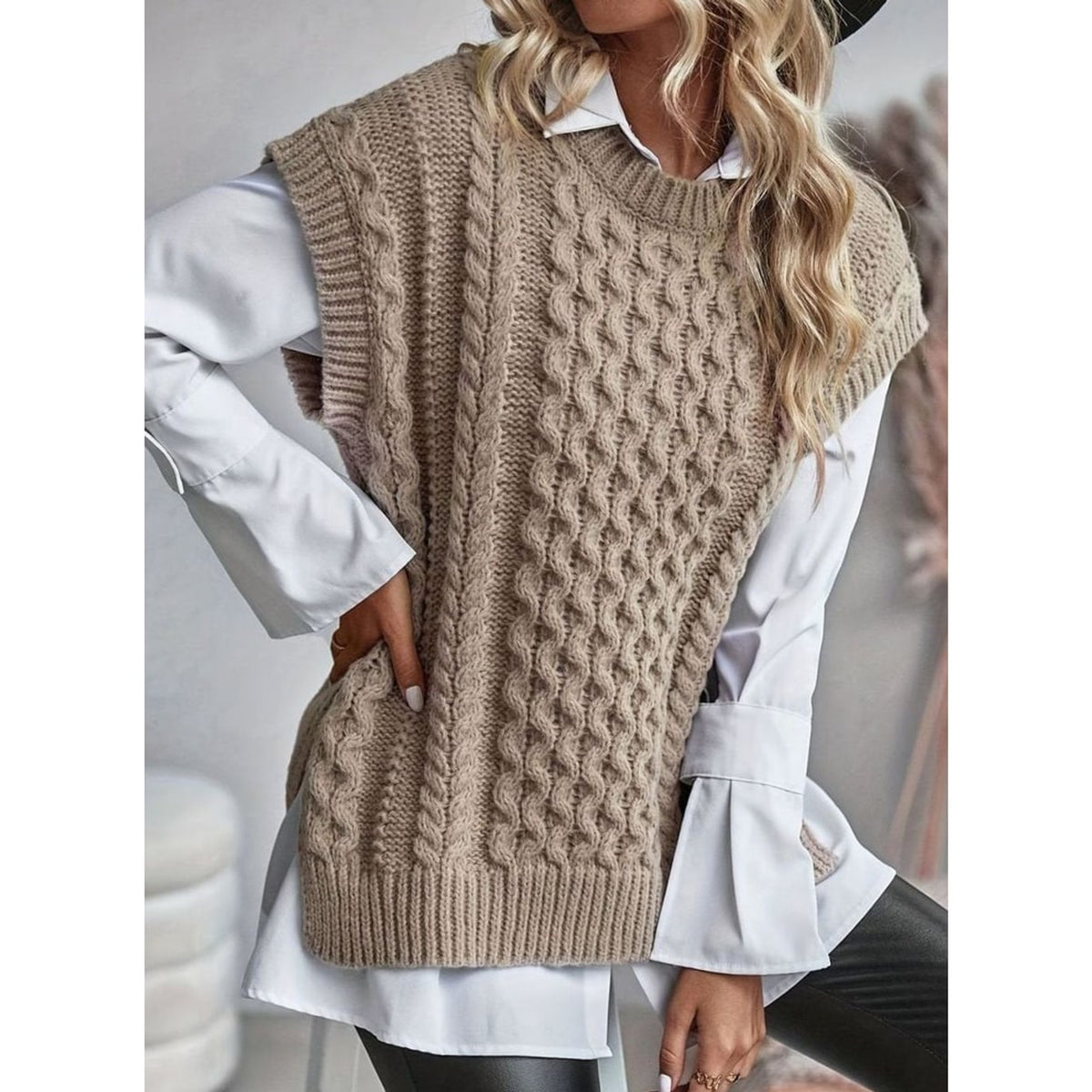 Sweater Vests with Relaxed Cable Knit and Mock Neck - Image 3