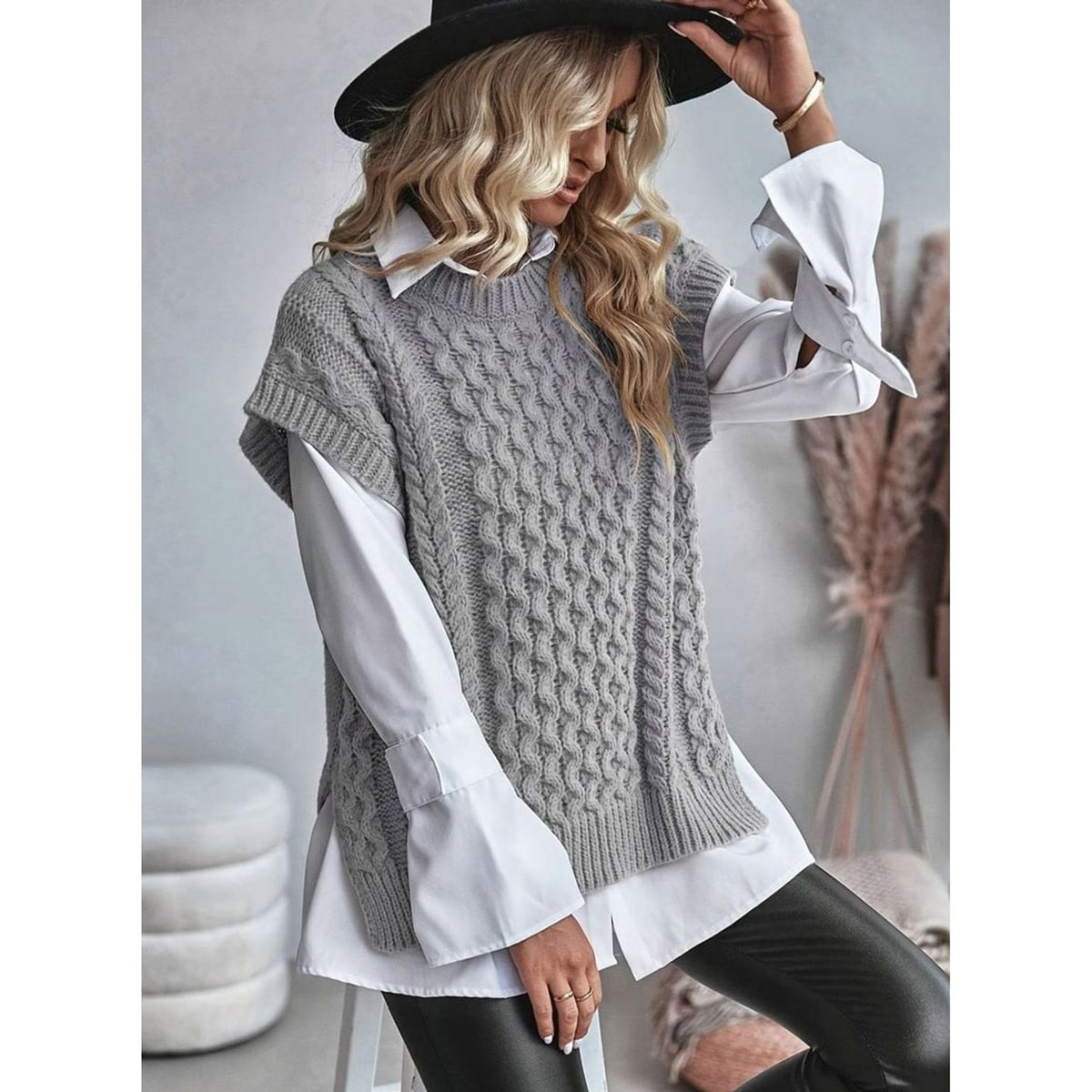 Sweater Vests with Relaxed Cable Knit and Mock Neck - Image 7