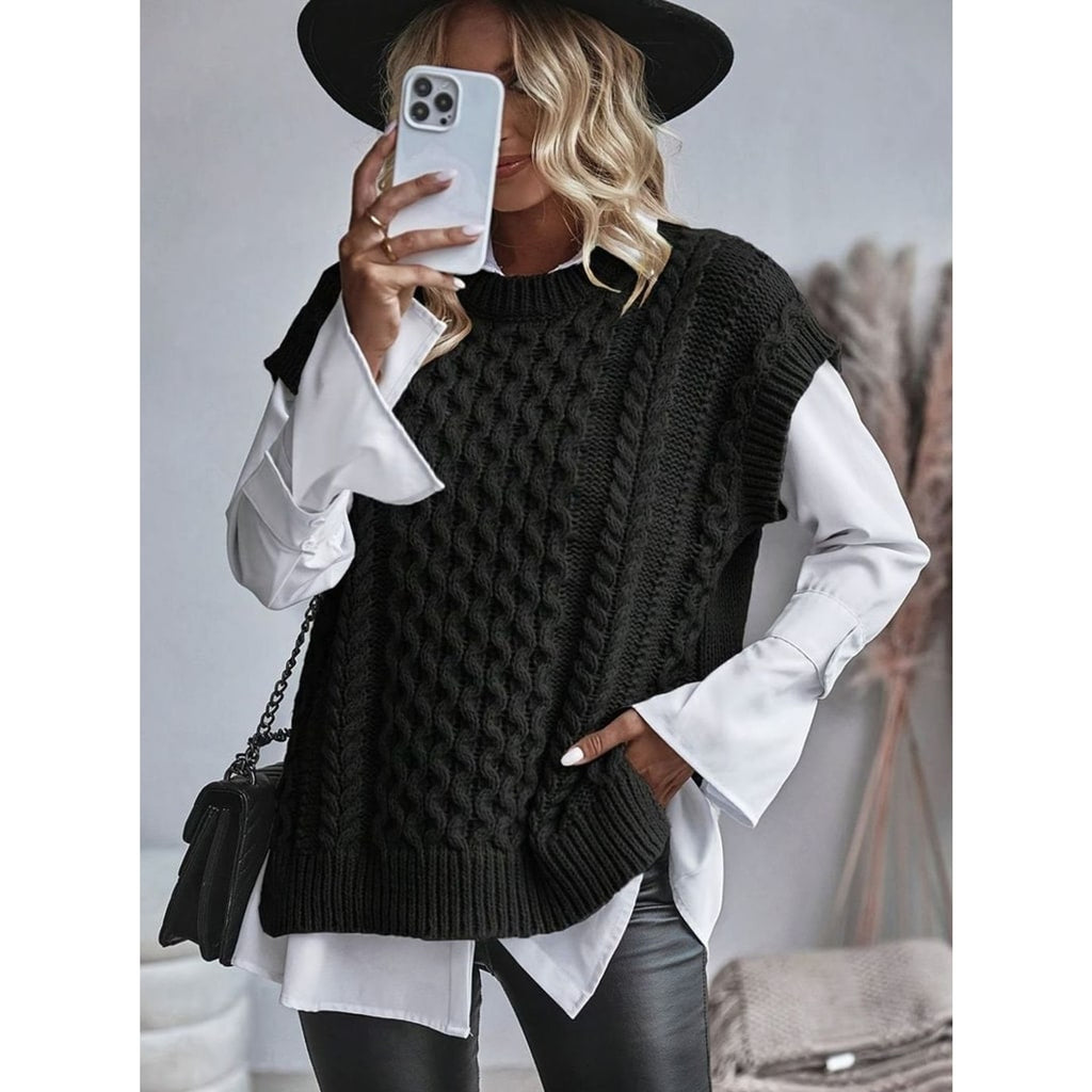 Sweater Vests with Relaxed Cable Knit and Mock Neck - Image 9