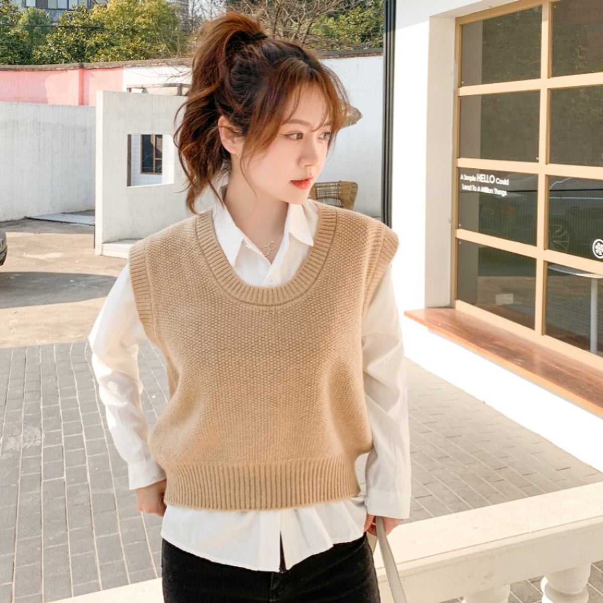 Sweater Vests with Relaxed Knit Fit and Round Neckline - Image 1