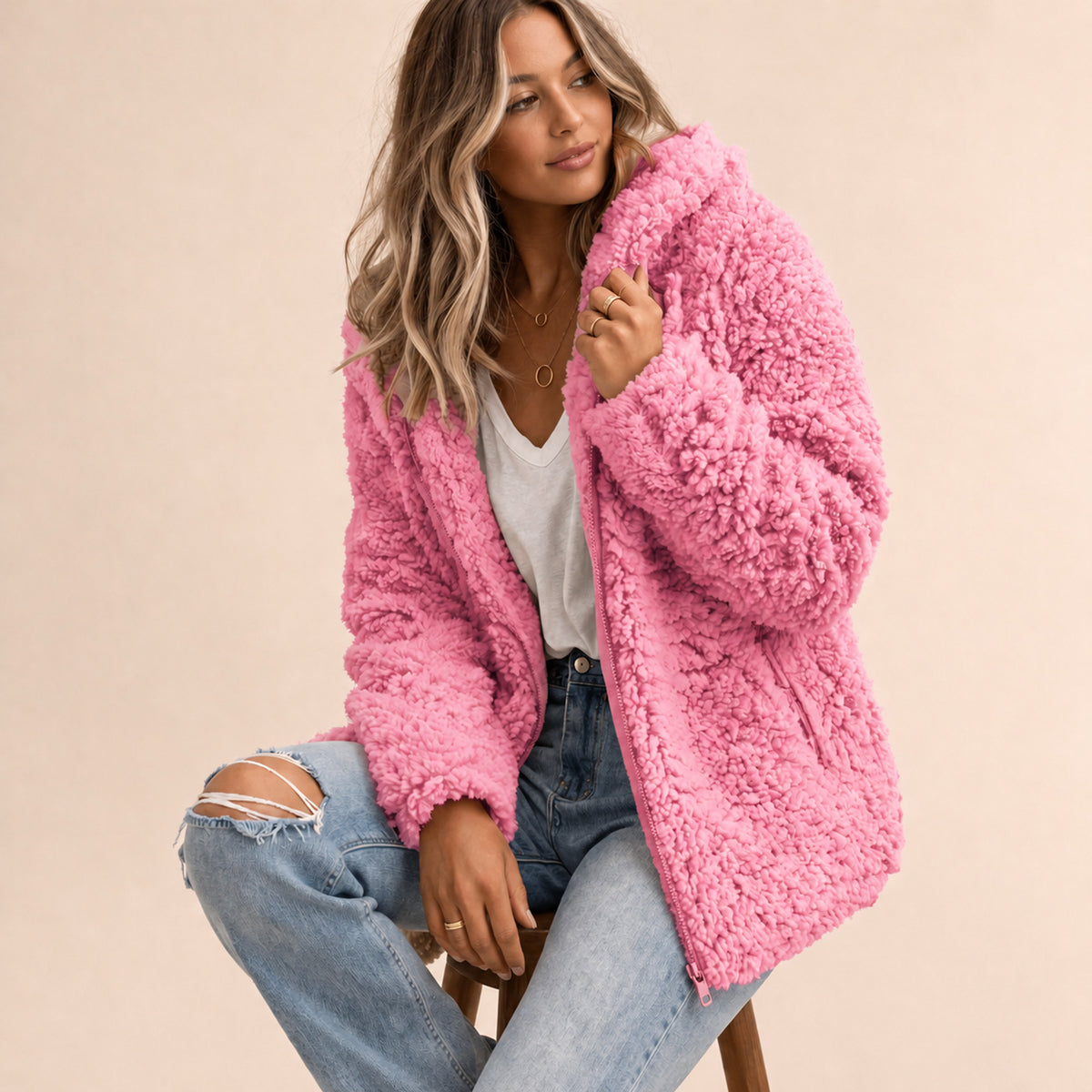 Teddy Coat with Oversized Shawl Collar and Side Pockets - Image 1