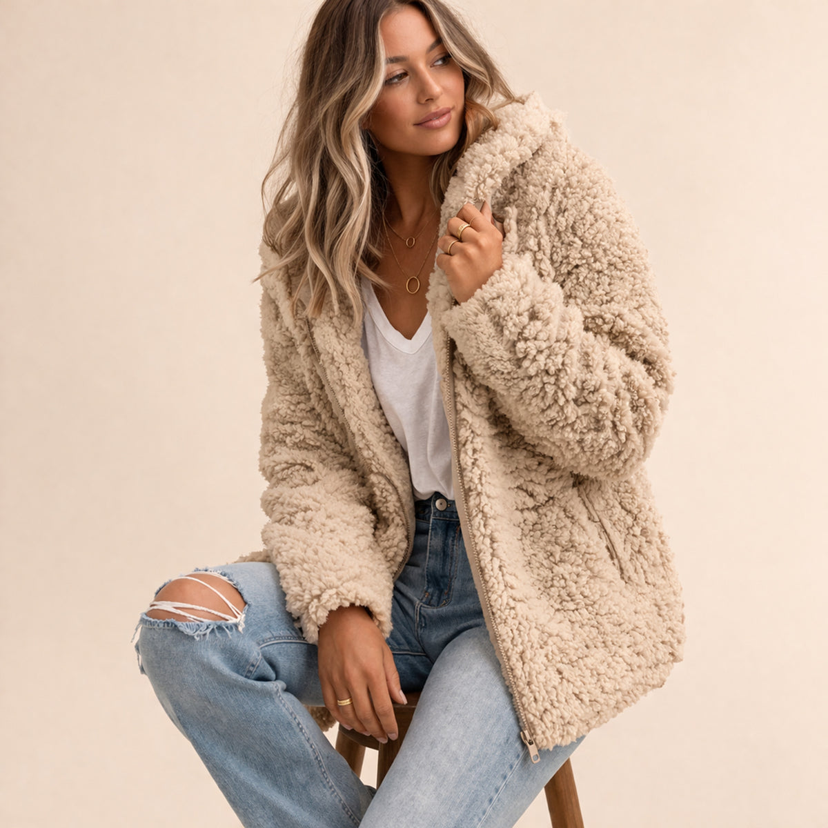 Teddy Coat with Oversized Shawl Collar and Side Pockets - Image 2