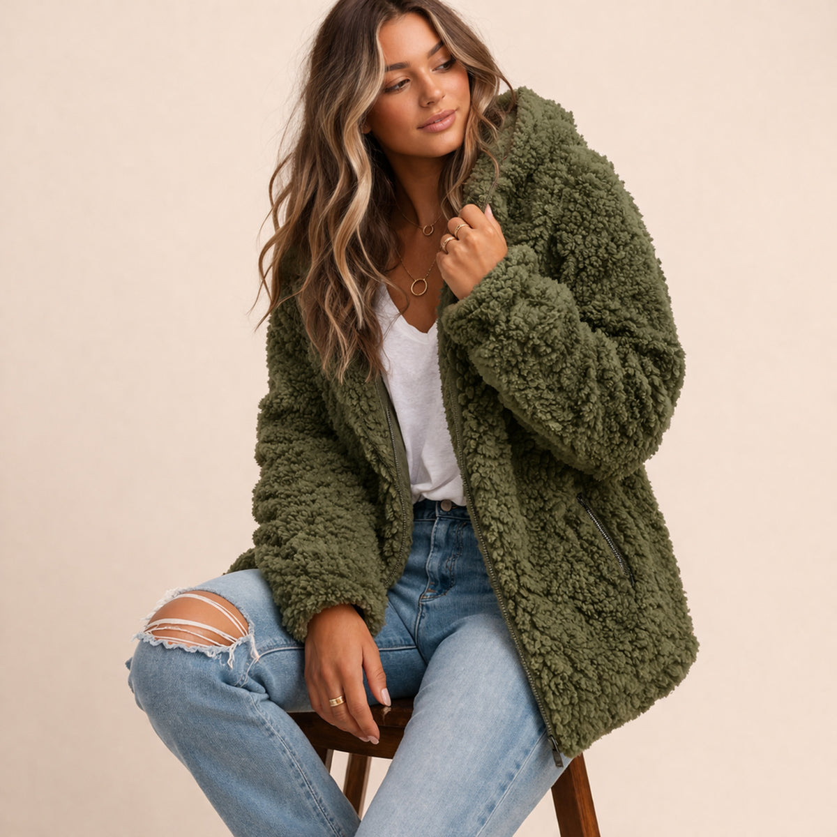 Teddy Coat with Oversized Shawl Collar and Side Pockets - Image 4