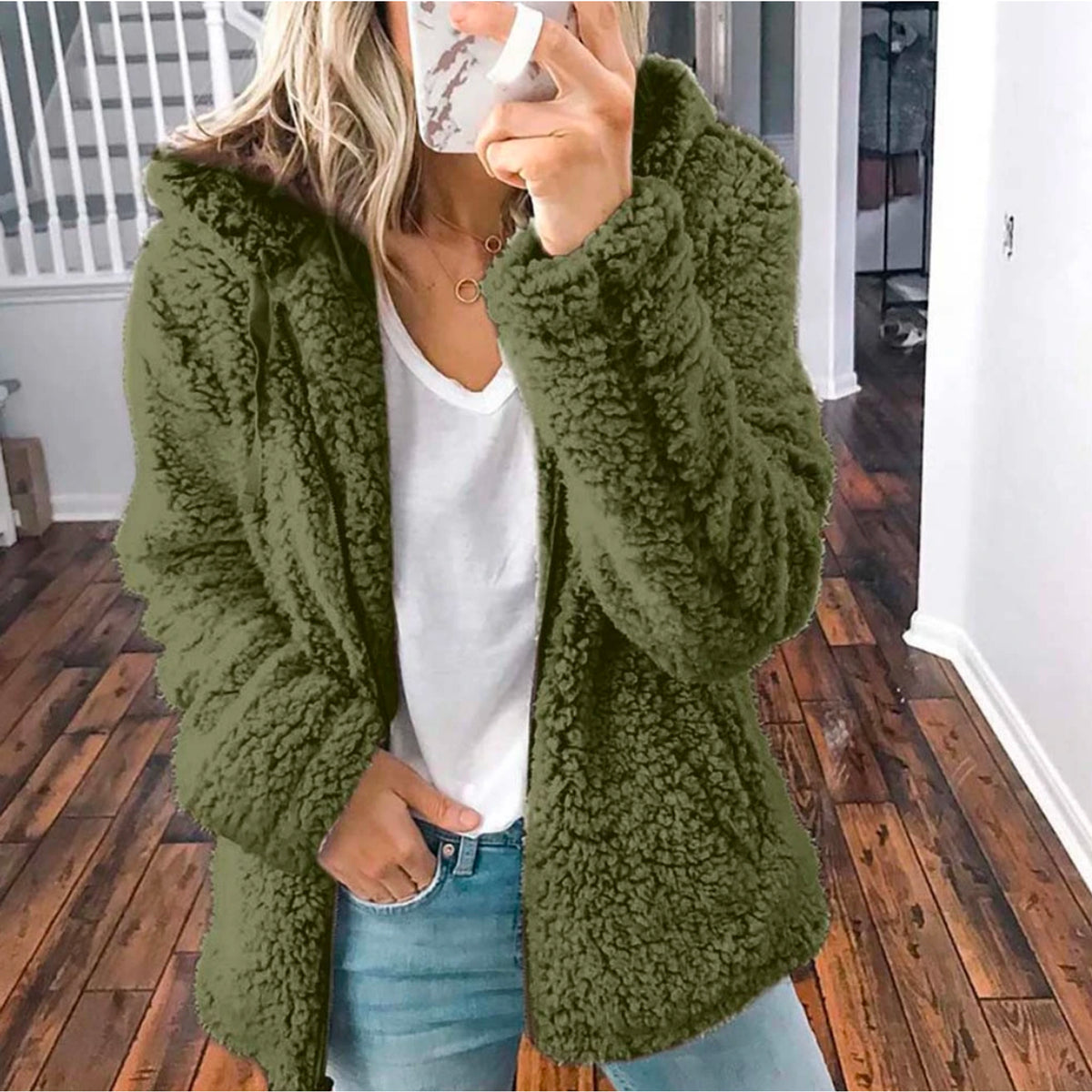 Teddy Coat with Oversized Shawl Collar and Side Pockets - Image 8