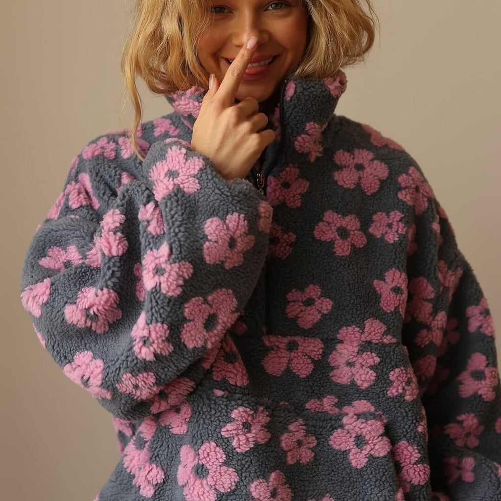 Teddy Fleece Jacket with Half-Zip Oversized Fit and Floral Print - Image 4