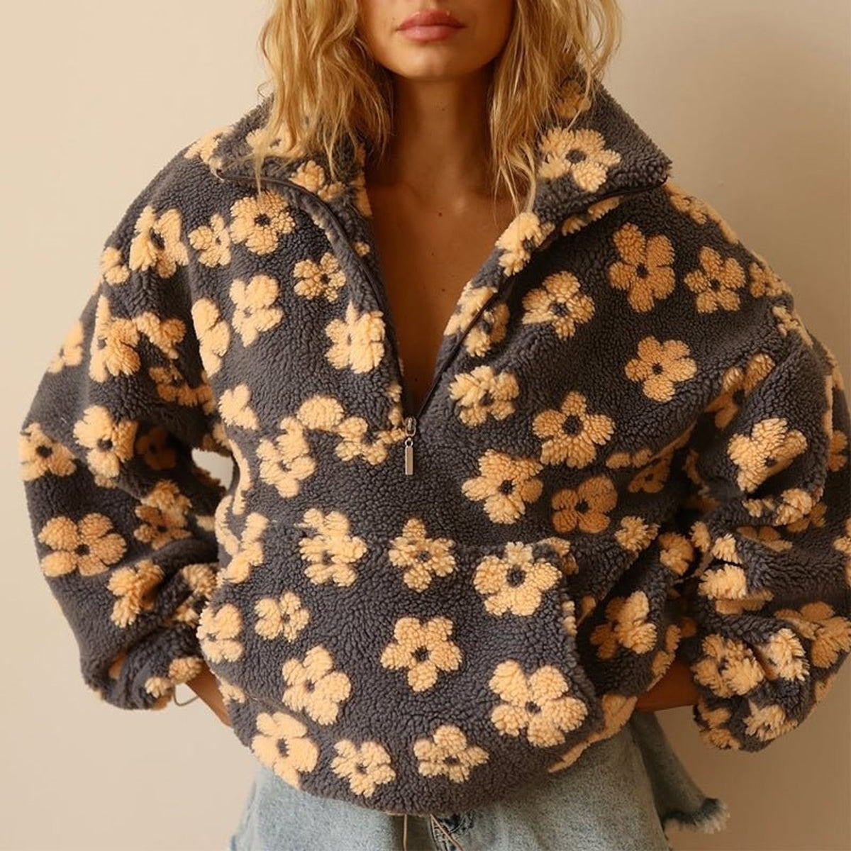 Teddy Fleece Jacket with Half-Zip Oversized Fit and Floral Print - Image 1