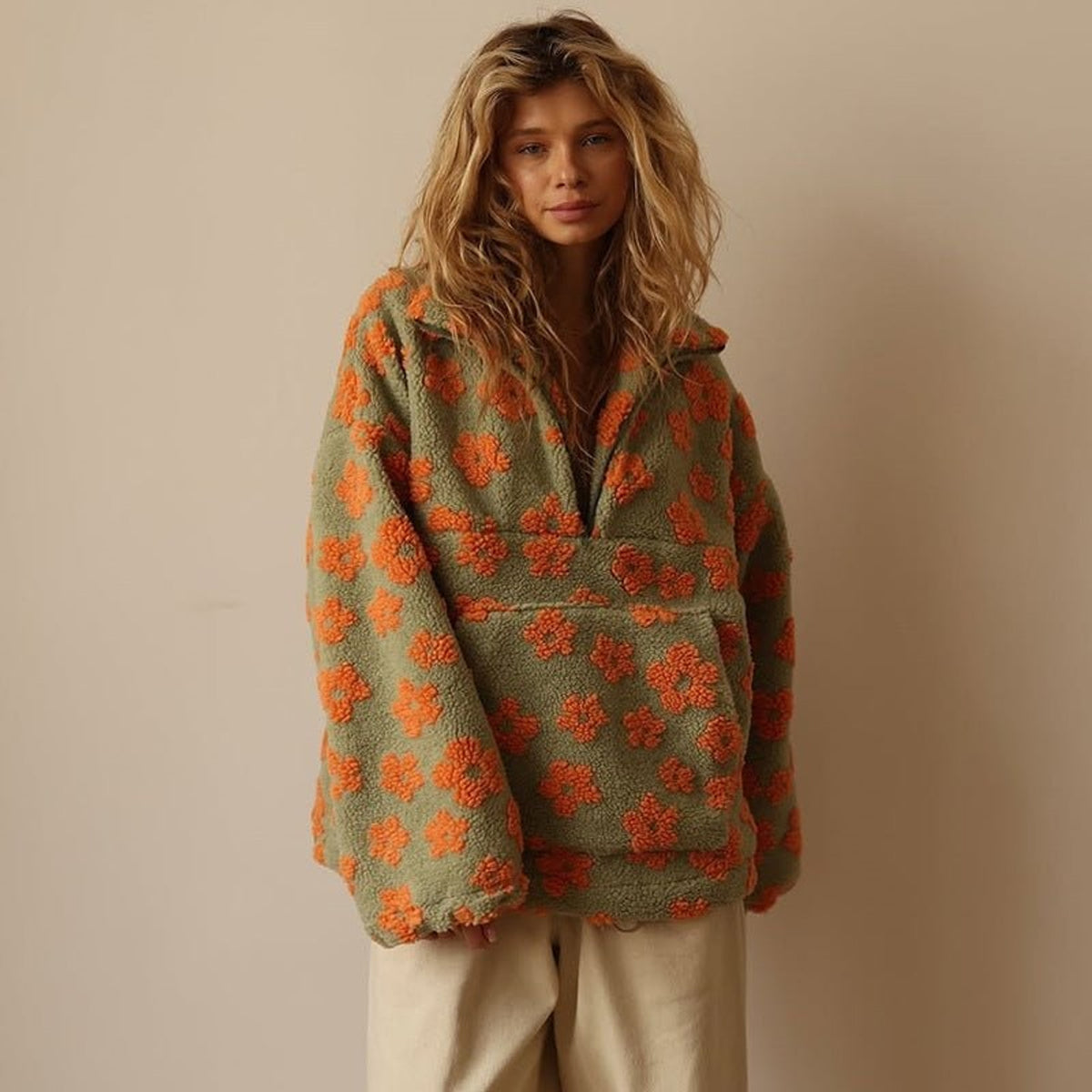 Teddy Fleece Jacket with Half-Zip Oversized Fit and Floral Print - Image 7