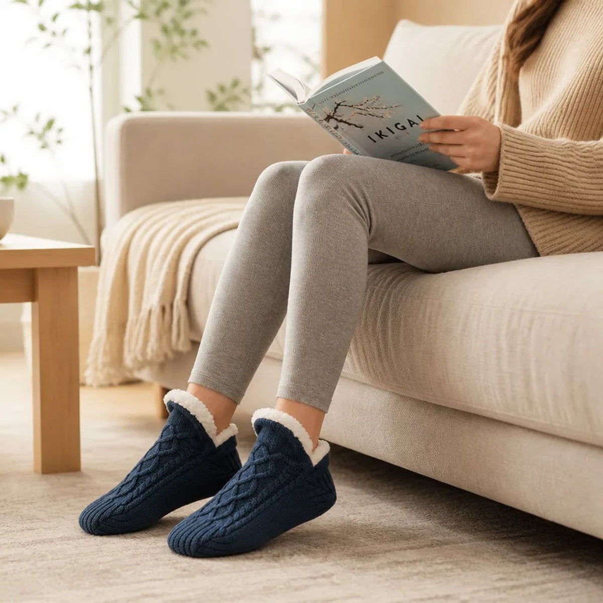 Thermal Socks With Fleece Lining And Non-Slip Cable Knit - Image 2