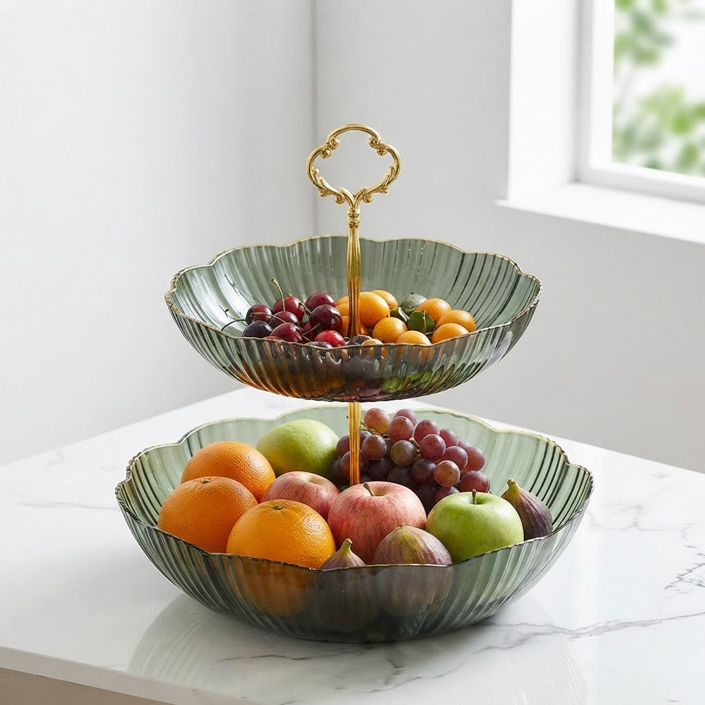 Tiered Fruit Bowl Organizer With Scalloped Edges And Gold Handle - Image 2