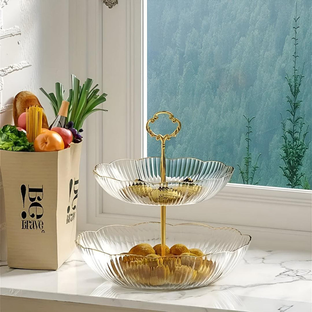 Tiered Fruit Bowl Organizer With Scalloped Edges And Gold Handle - Image 1