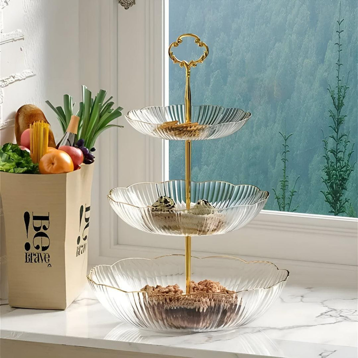 Tiered Fruit Bowl Organizer With Scalloped Edges And Gold Handle - Image 3