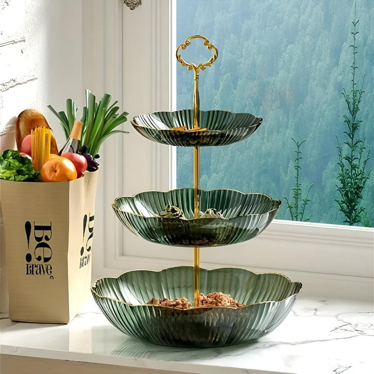 Tiered Fruit Bowl Organizer With Scalloped Edges And Gold Handle - Image 4