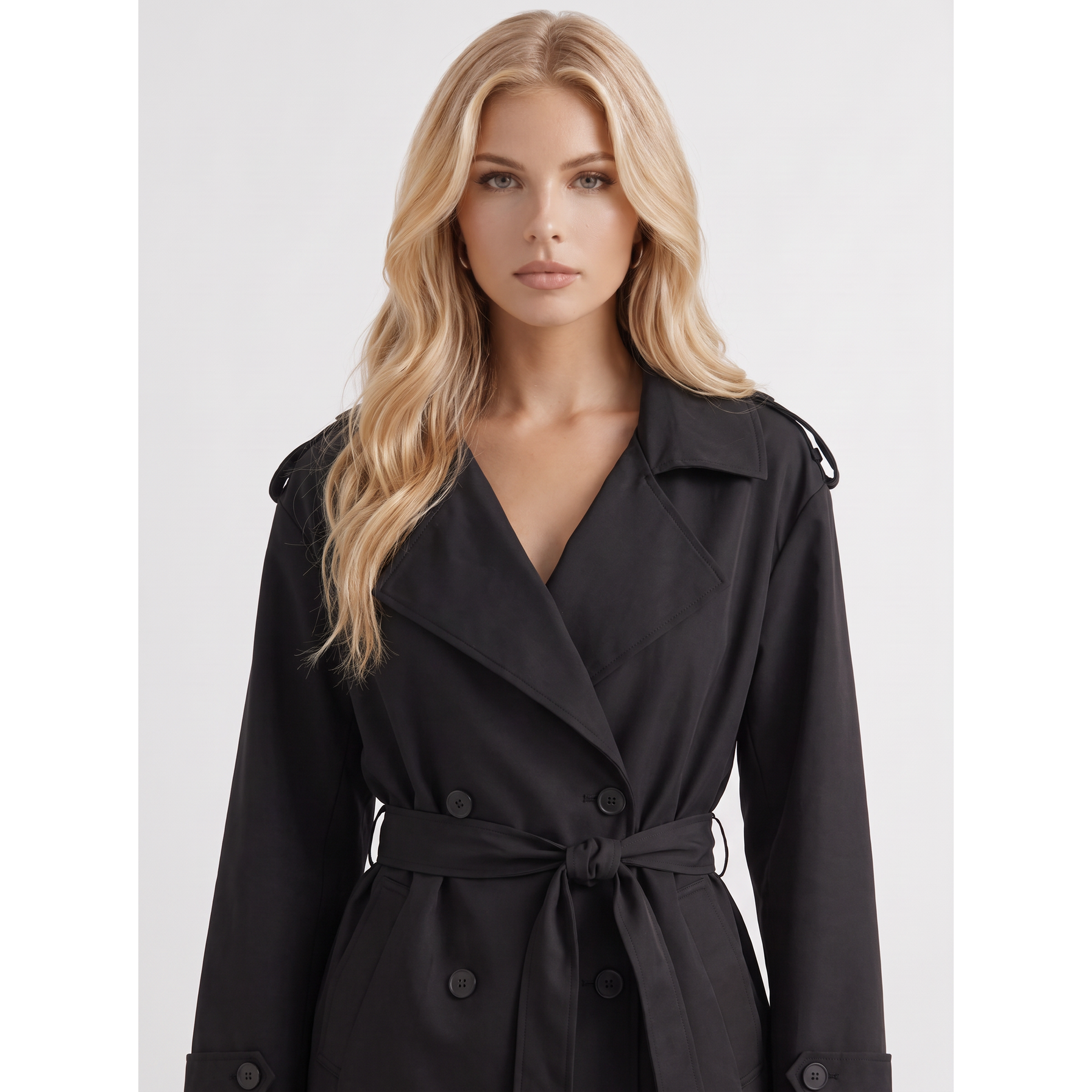 Trench Coat Black Double-Breasted Belted Jacket - Image 2