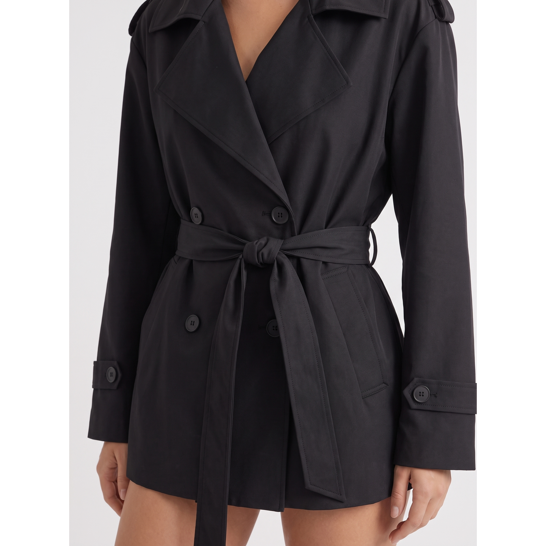 Trench Coat Black Double-Breasted Belted Jacket - Image 6