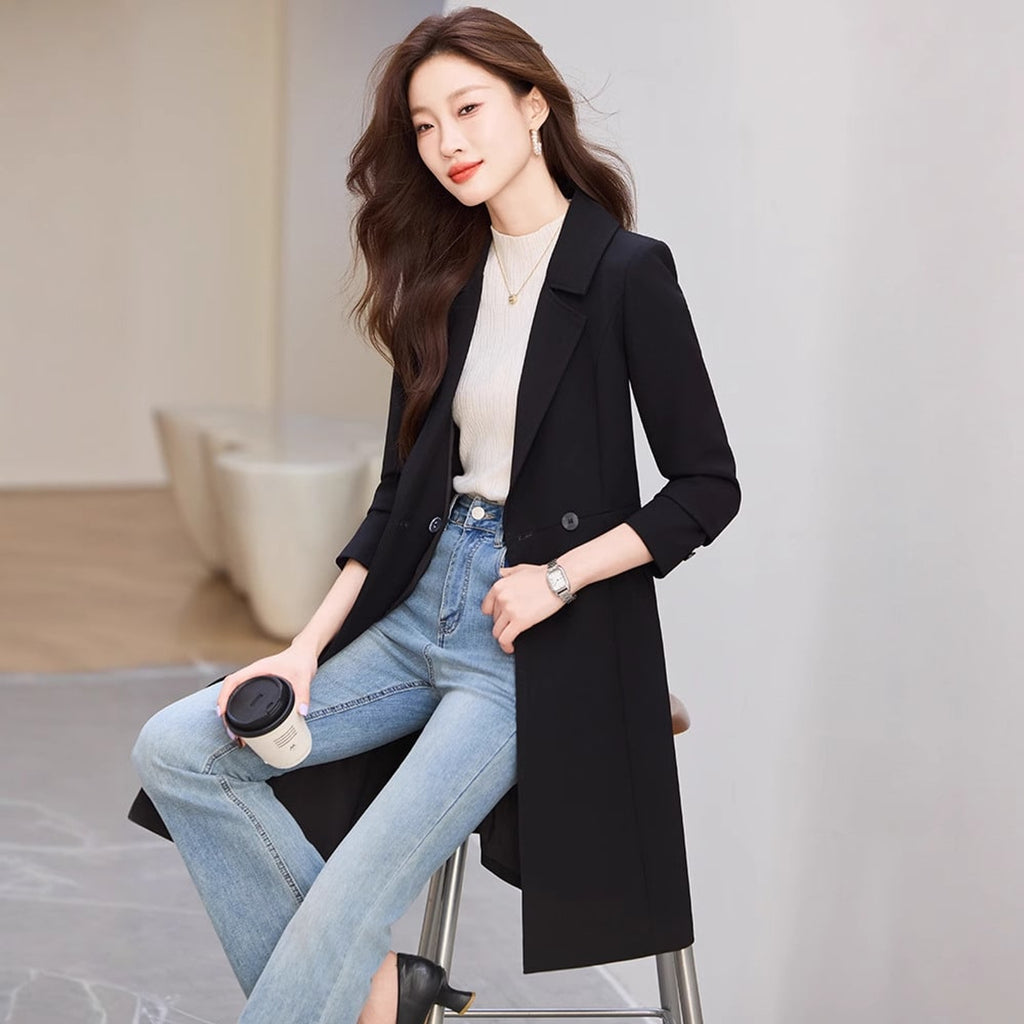 Trench Coat Black Double-Breasted Long - Image 1