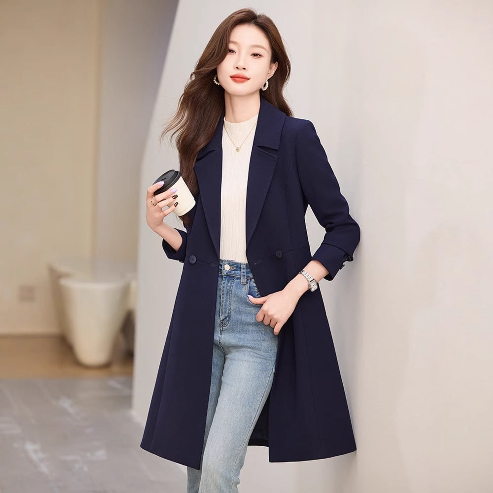 Trench Coat Black Double-Breasted Long - Image 2
