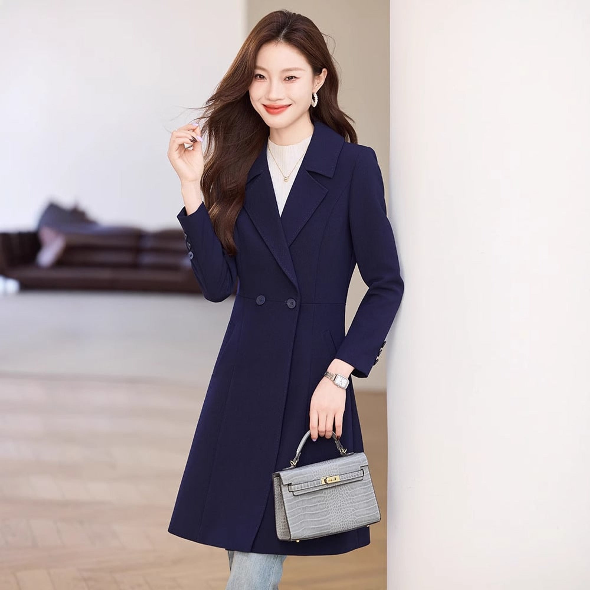Trench Coat Black Double-Breasted Long - Image 5