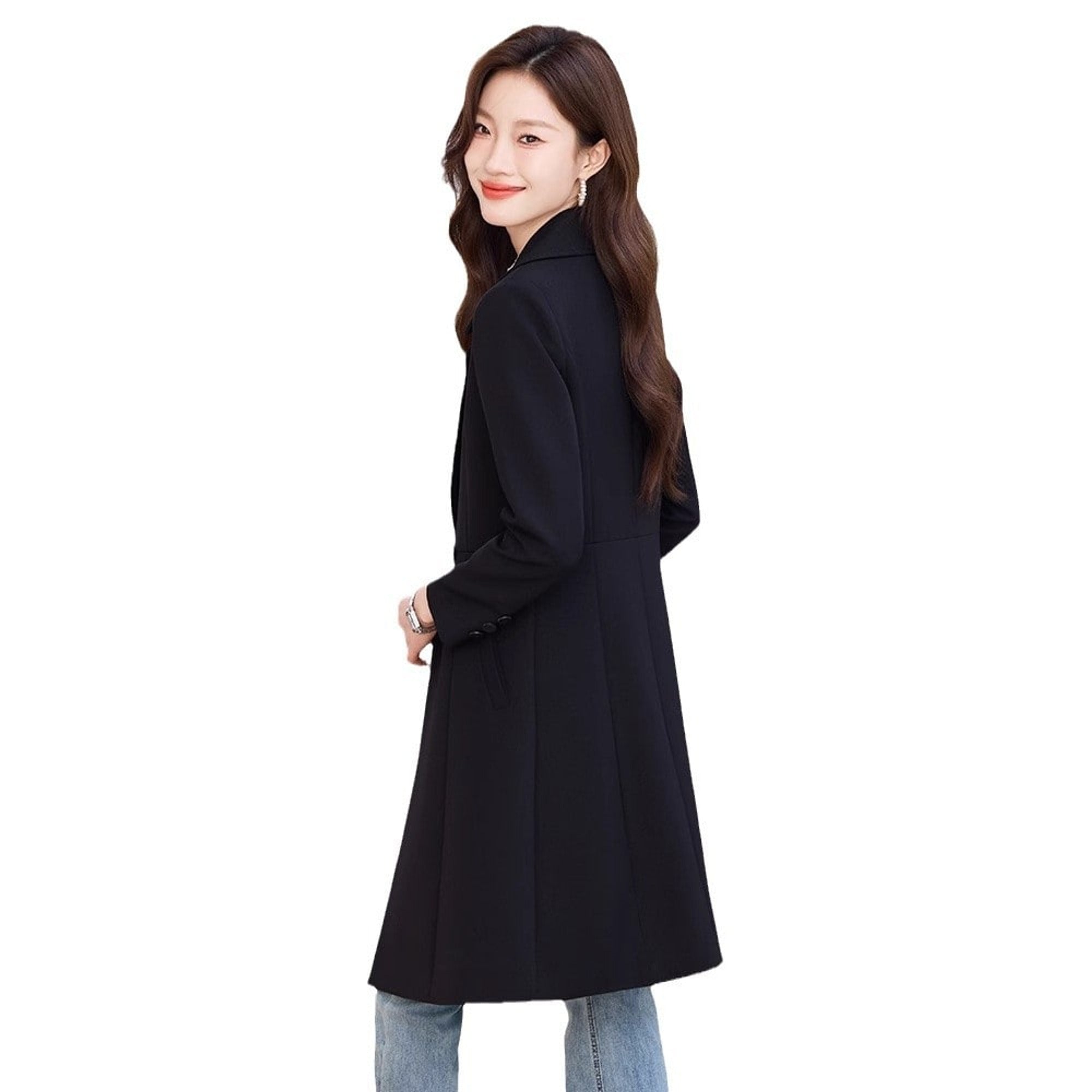 Trench Coat Black Double-Breasted Long - Image 6