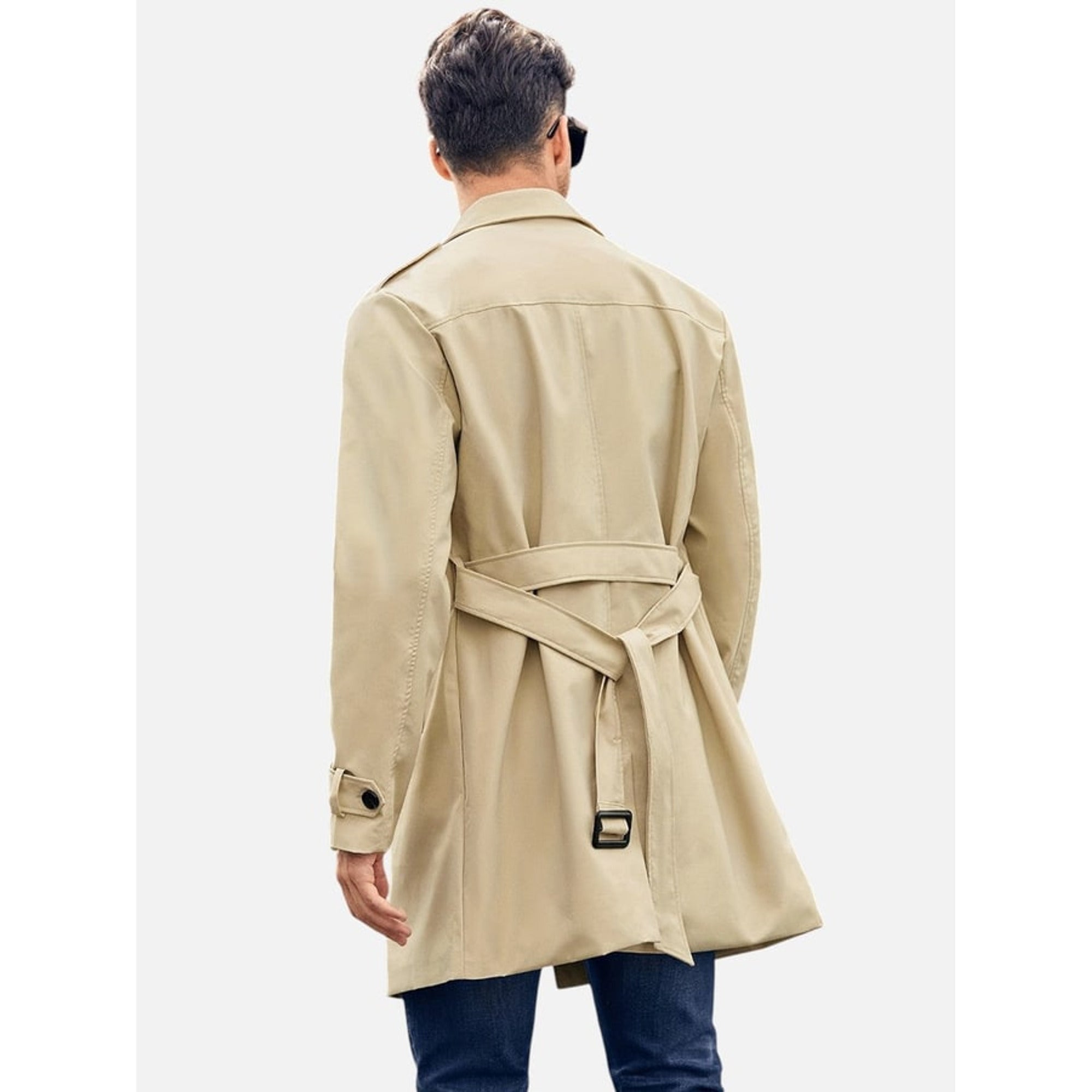 Trench Coat Men Double-Breasted Knee-Length With Belt - Image 3