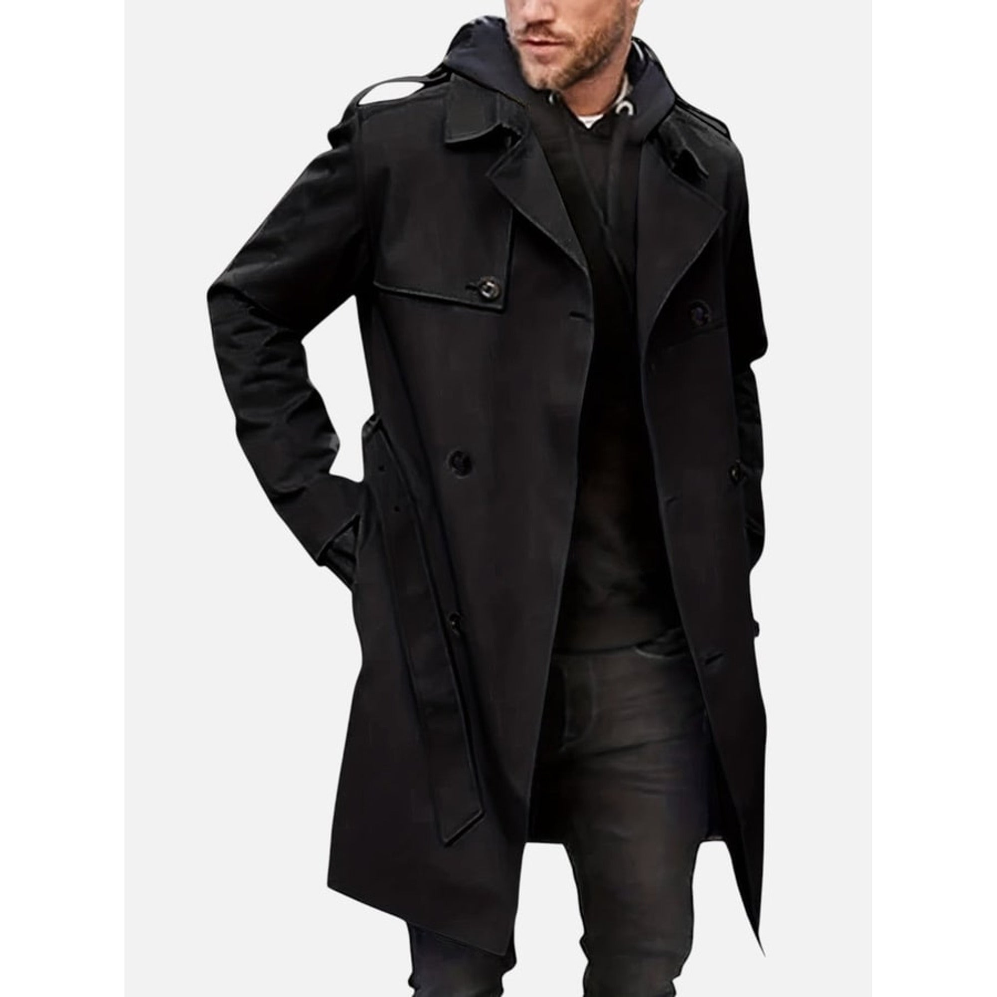 Trench Coat Men Double-Breasted Knee-Length With Belt - Image 5