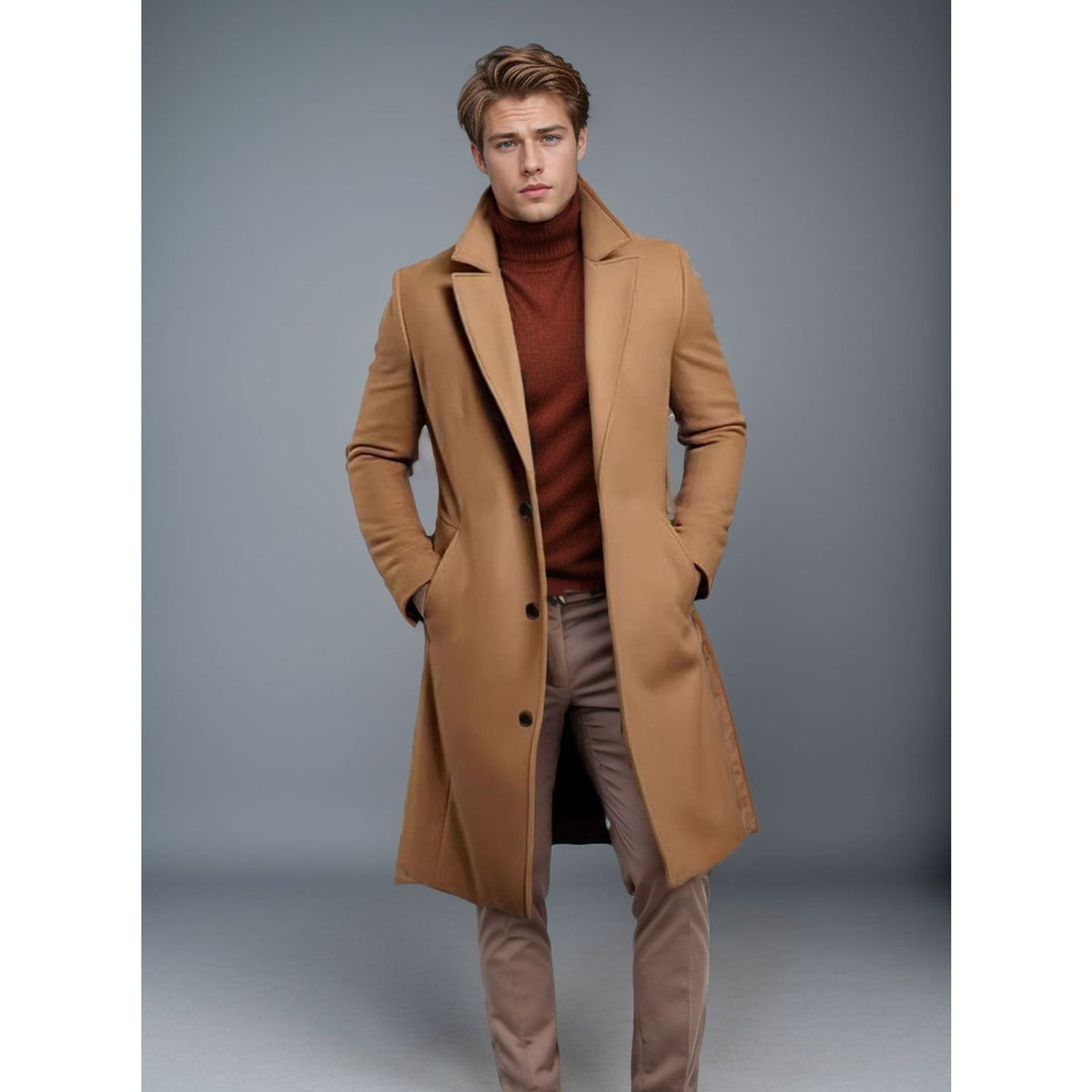 Trench Coat Men Long Notched Lapels - Image 3