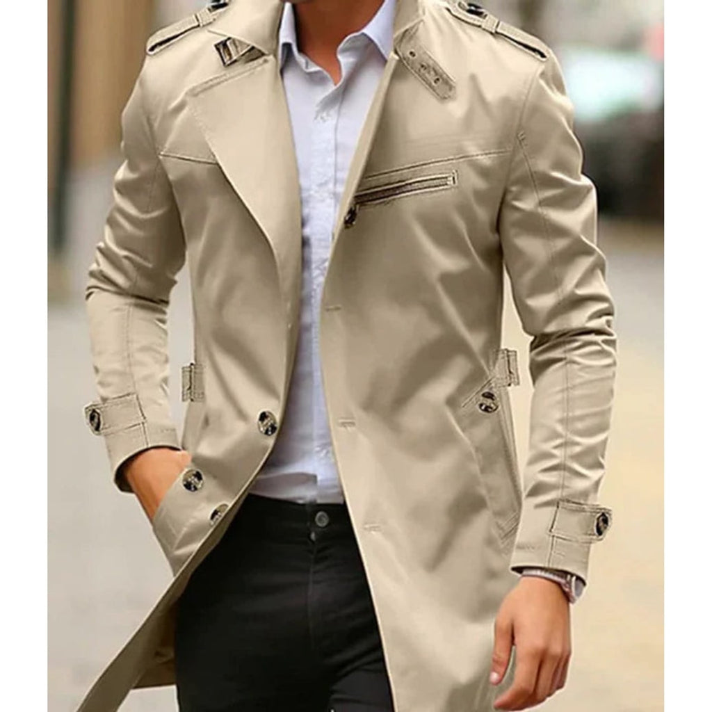 Trench Coat Men Long Single-Breasted With Collar - Image 1