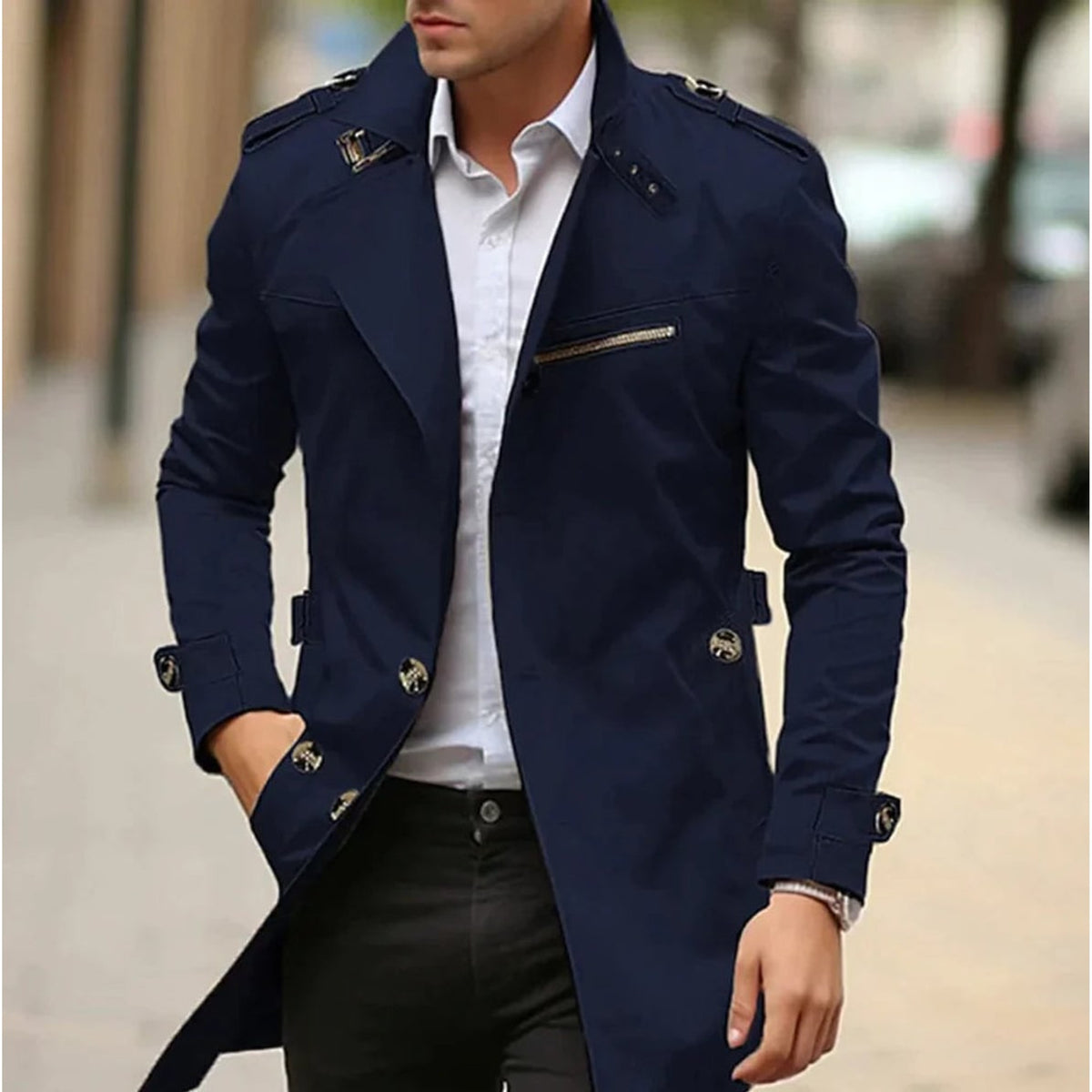 Trench Coat Men Long Single-Breasted With Collar - Image 2