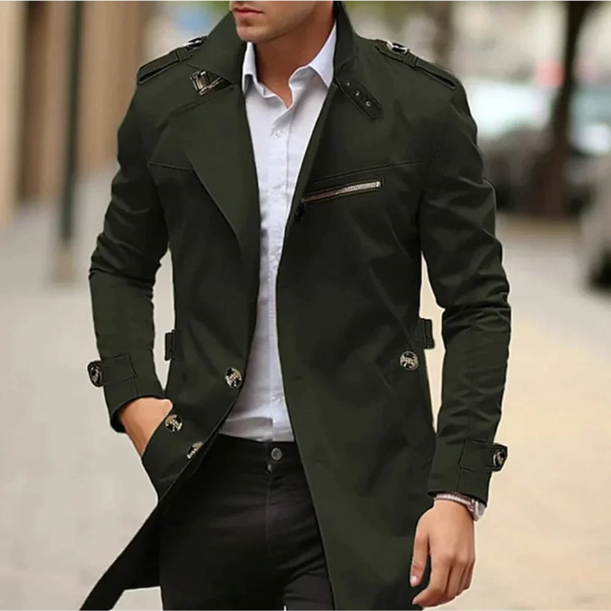 Trench Coat Men Long Single-Breasted With Collar - Image 3