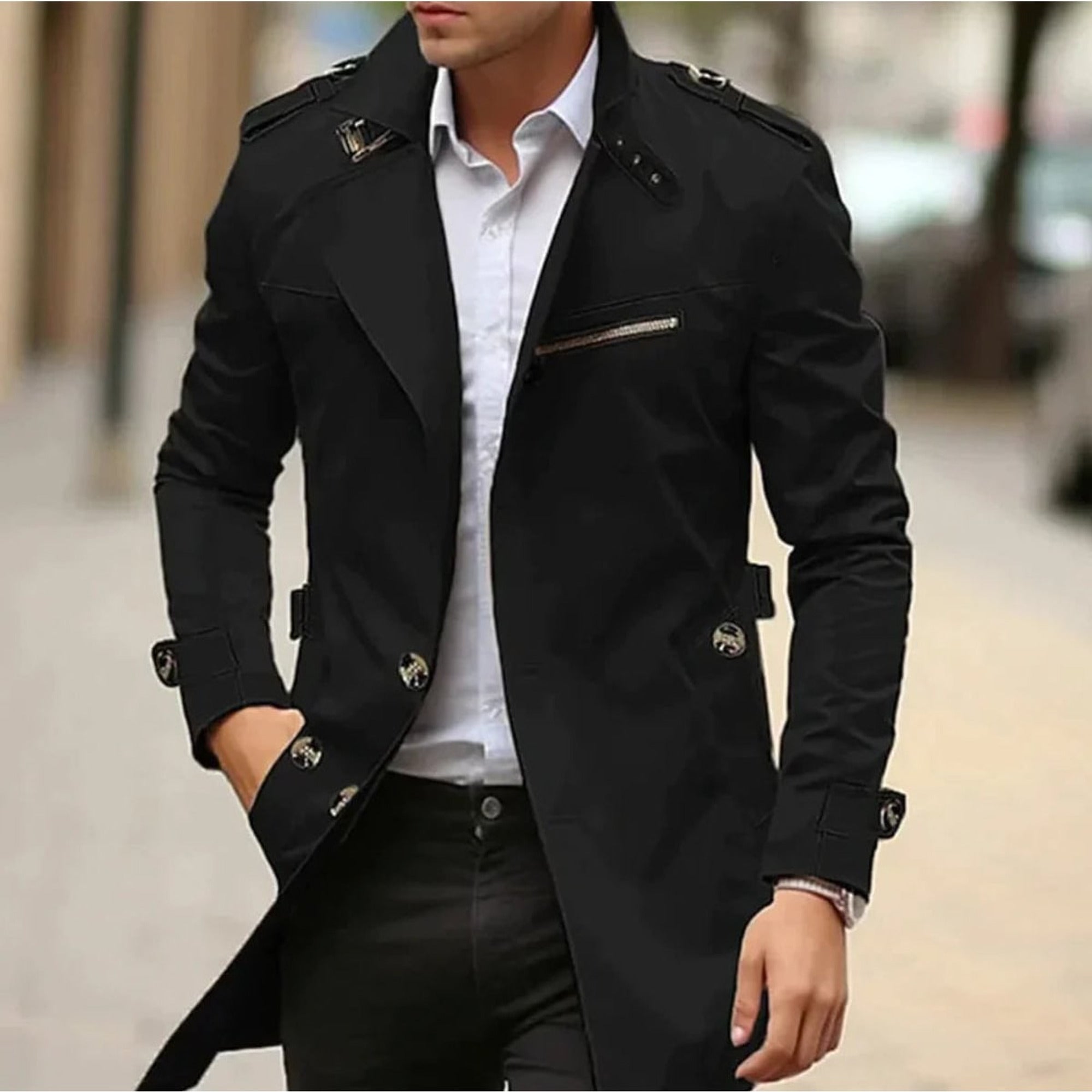 Trench Coat Men Long Single-Breasted With Collar - Image 4