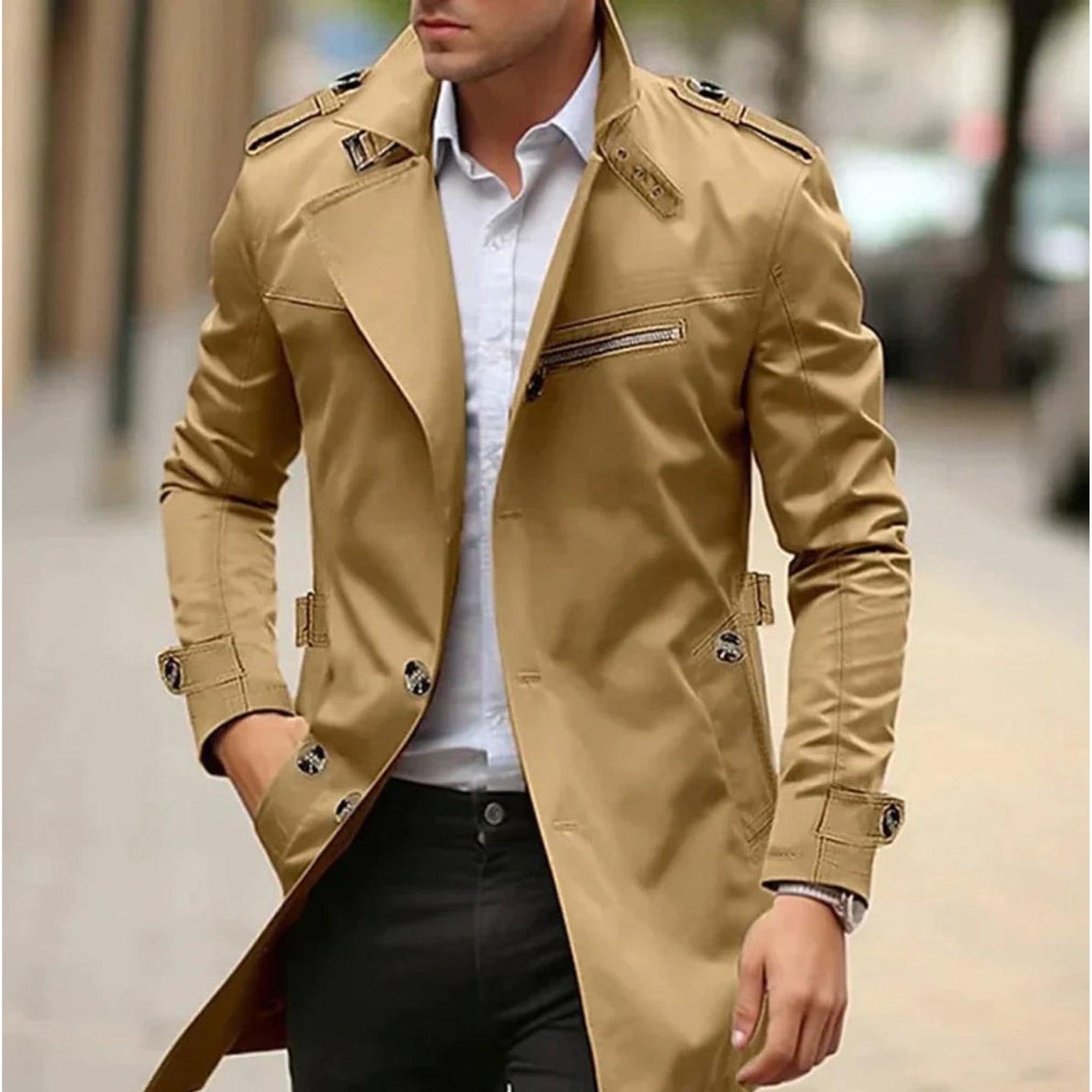 Trench Coat Men Long Single-Breasted With Collar - Image 5