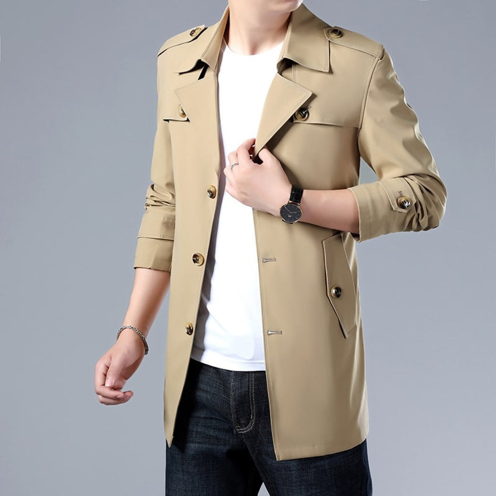 Trench Coat Men Mid-Length Button-Up Collar - Image 1