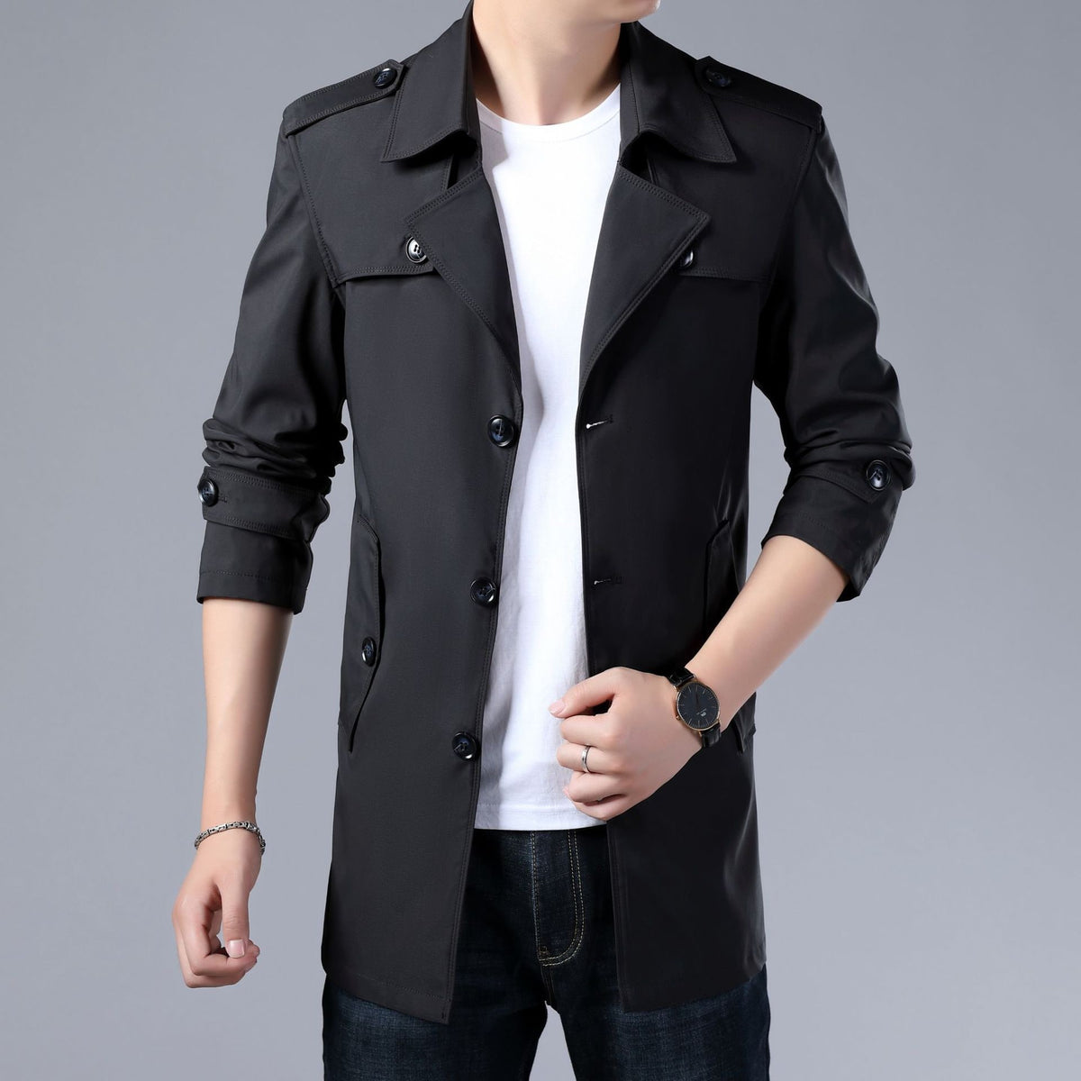 Trench Coat Men Mid-Length Button-Up Collar - Image 2