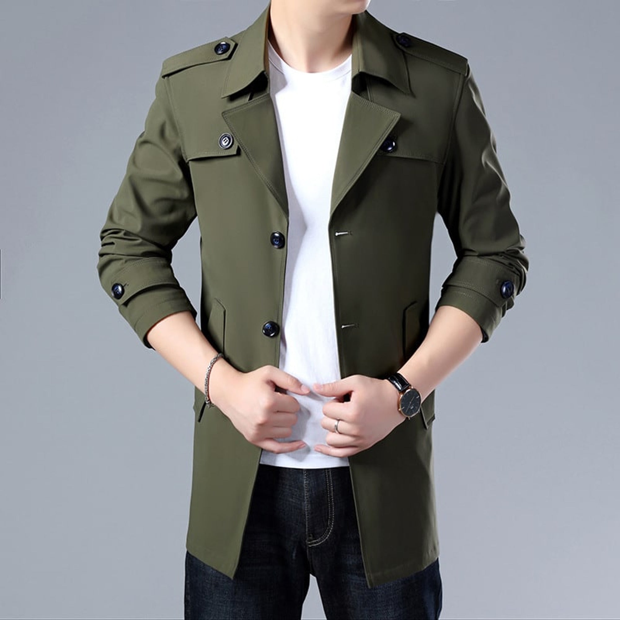 Trench Coat Men Mid-Length Button-Up Collar - Image 3