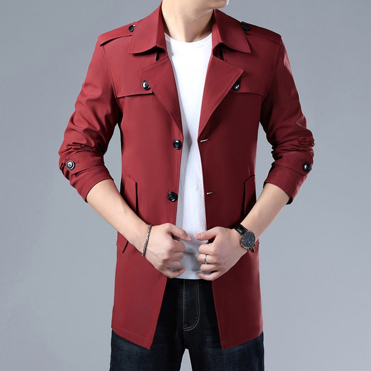 Trench Coat Men Mid-Length Button-Up Collar - Image 4
