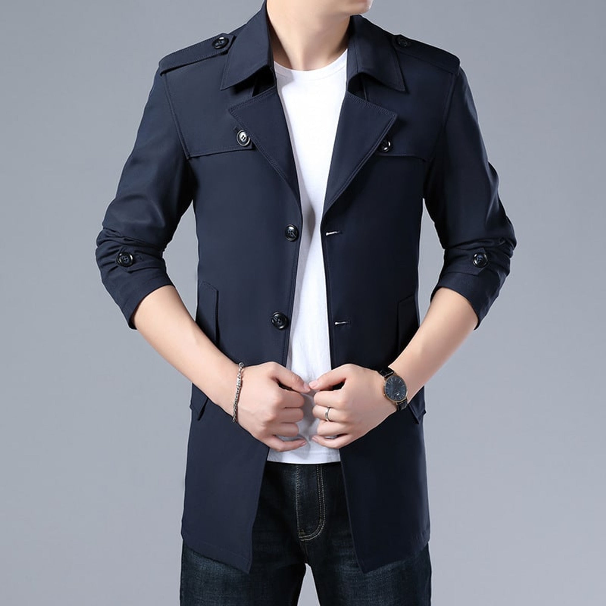 Trench Coat Men Mid-Length Button-Up Collar - Image 5