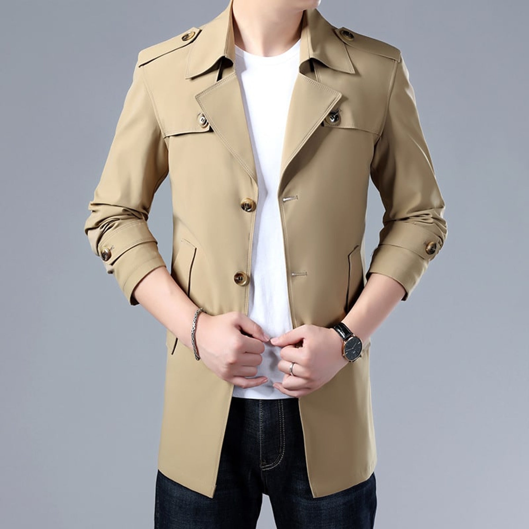 Trench Coat Men Mid-Length Button-Up Collar - Image 6